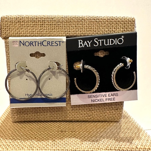 NWT 2 pairs Hoop Earrings- Sensitive Ears - two tone gold & silver AND Gunmetal - Picture 2 of 11